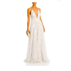 Aidan by Aidan Mattox Embroidered Mesh Gown ivory/nude sz 16